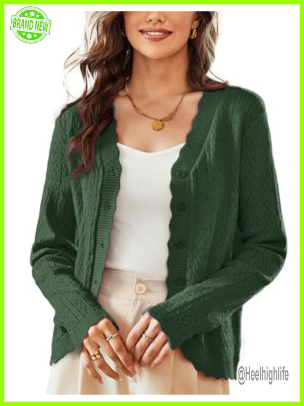 Crochet Button Down Cardigan Lightweight Long Sleeve V-Neck Scallop Hem